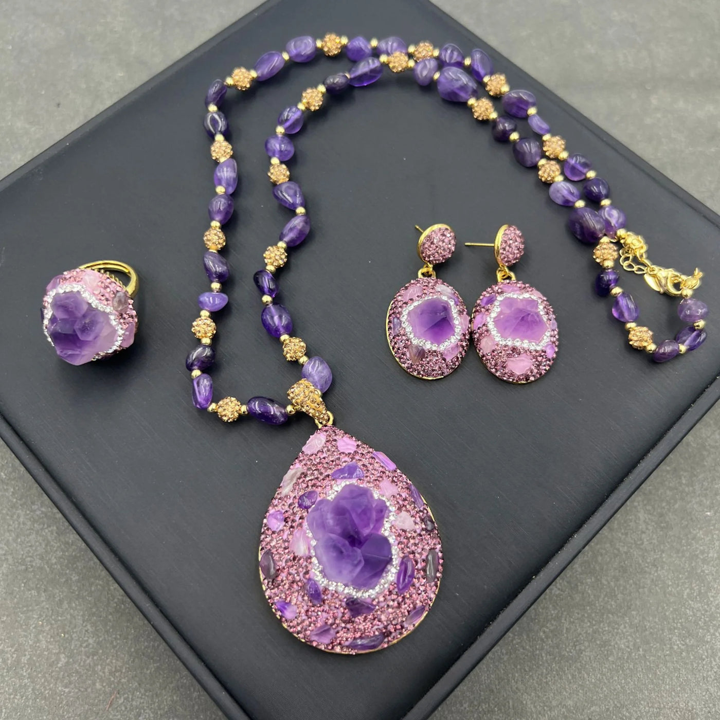 Natural gemstone amethyst flower three piece set